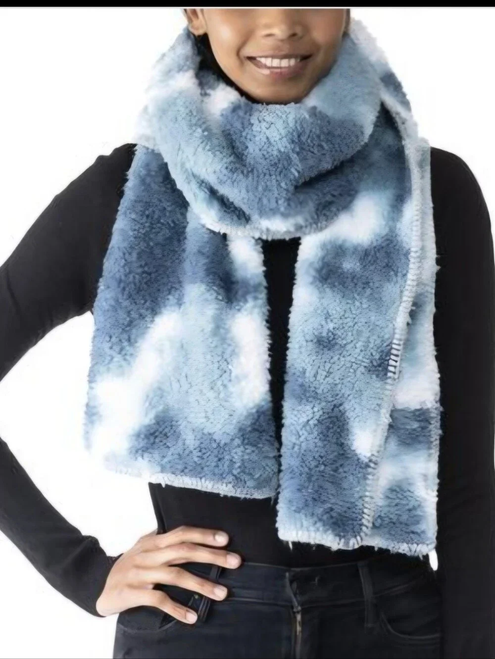 Jenni Plush Cloud-Print Blue Faux Fur Scarf